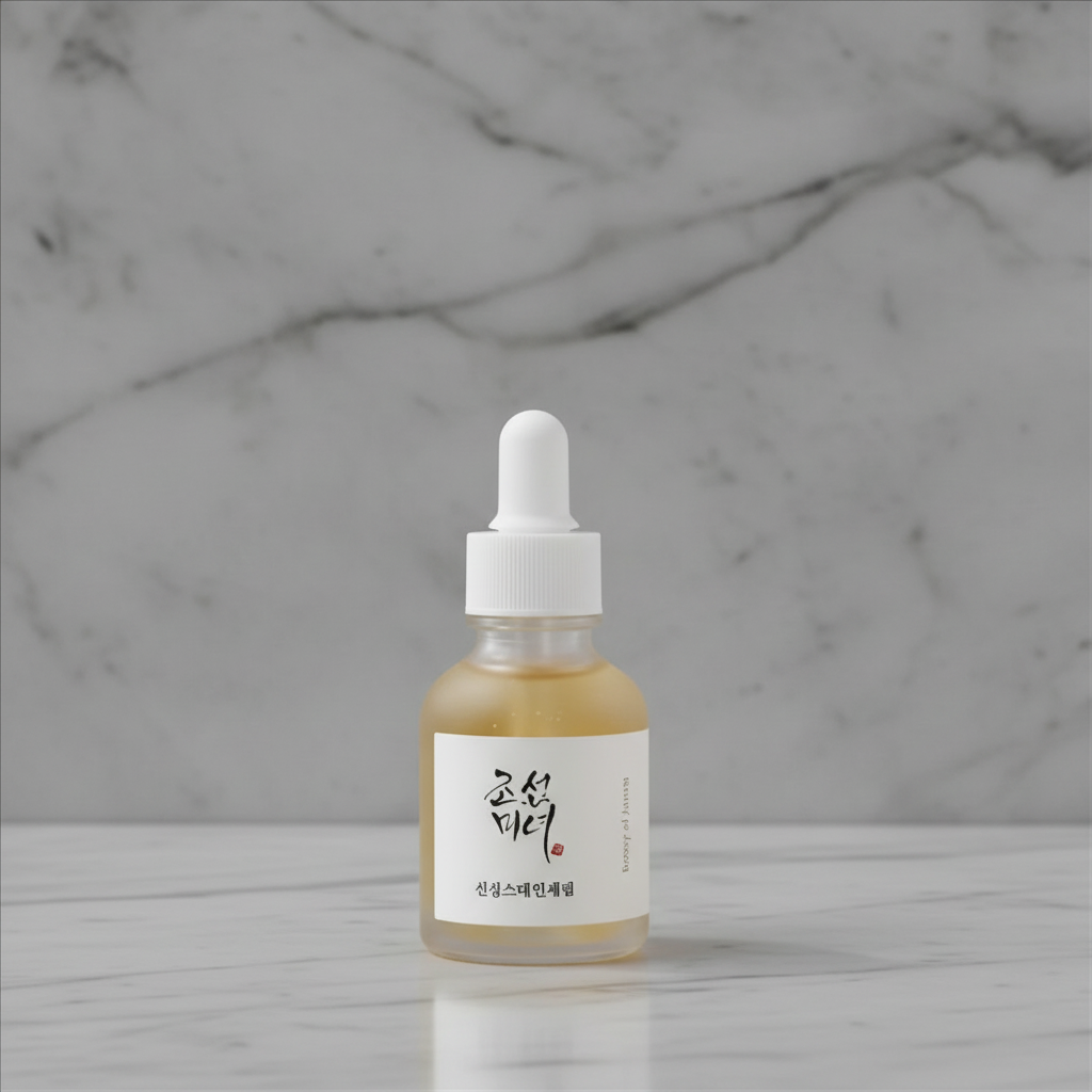 A small glass dropper bottle filled with pale golden liquid, featuring a white label with Korean text and a white dropper cap, centered on a marble white background.