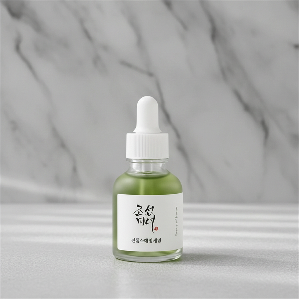 A small clear glass dropper bottle filled with pale green liquid, featuring a white label with Korean text and a white dropper cap, set against a grey marble background.