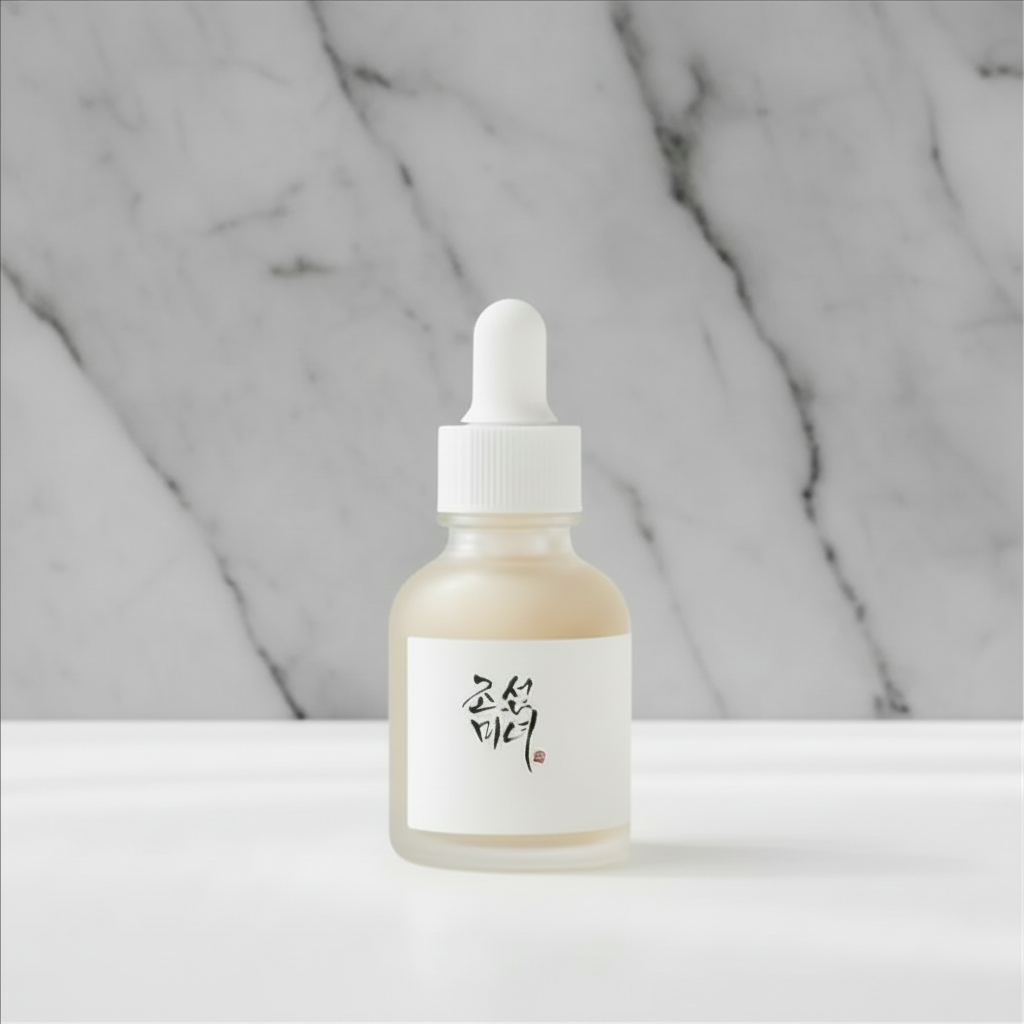 A small frosted glass dropper bottle filled with pale beige liquid, featuring a white label with black calligraphy and a small red seal, set against a white marble background.